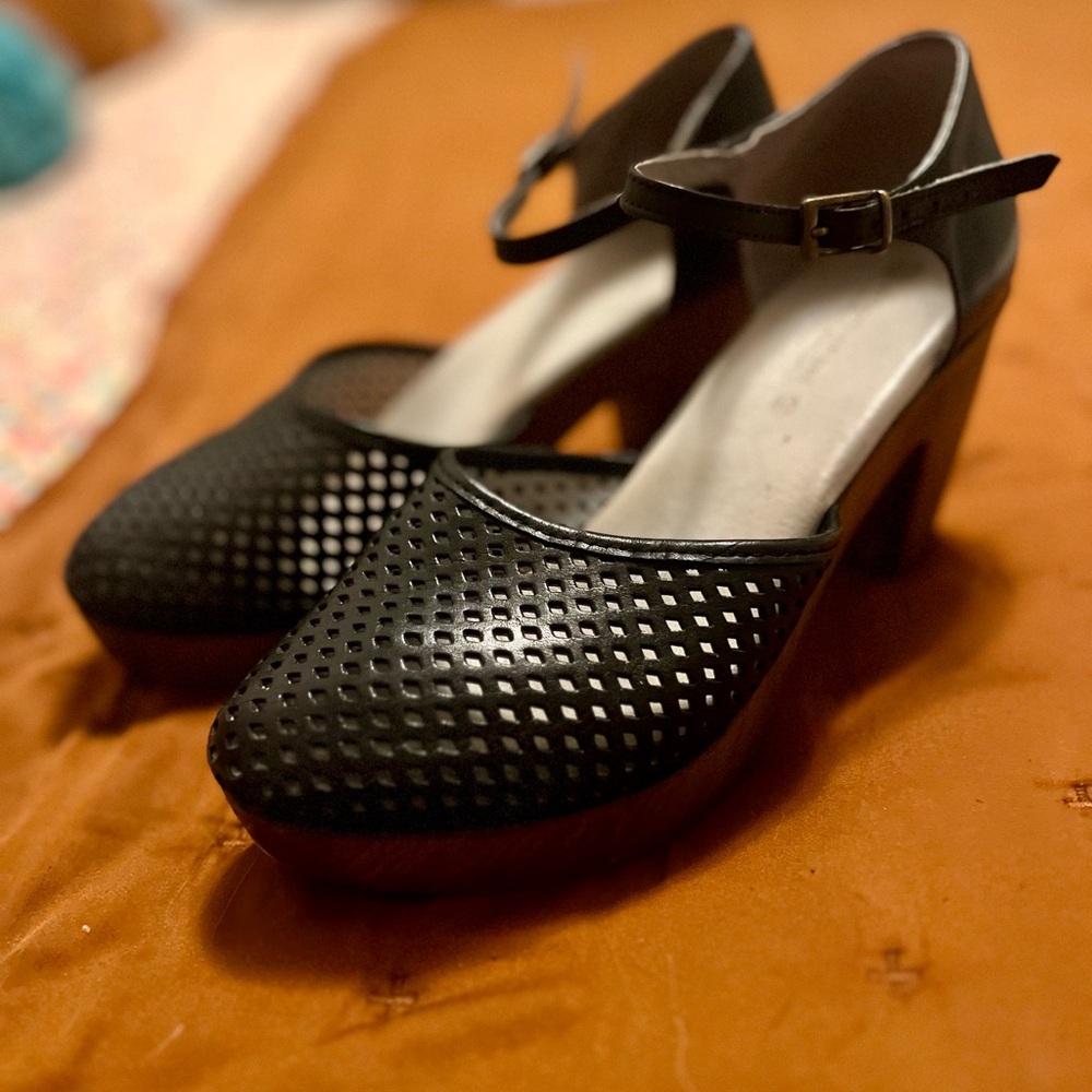Eric Michael Black Leather and Wood Clog Heels